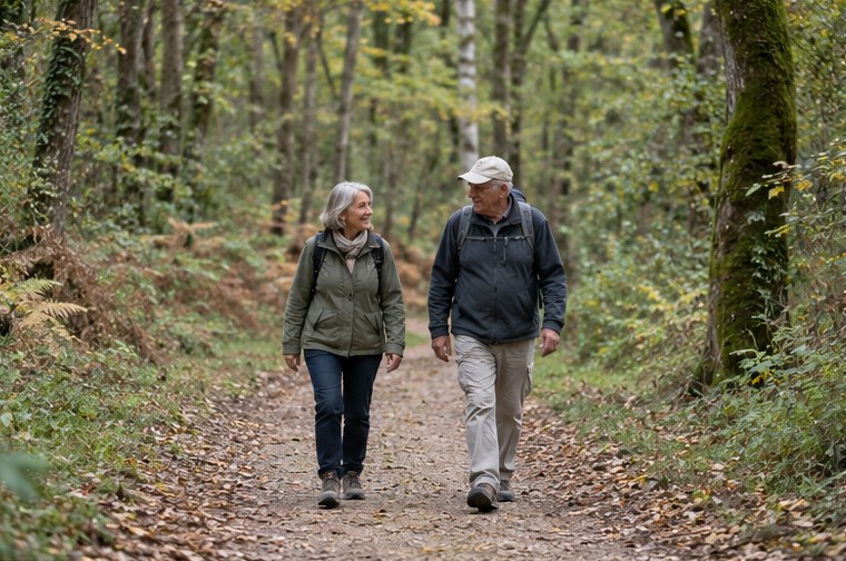 Deux adultes se promènent sur un sentier boisé — illustration générée par IA