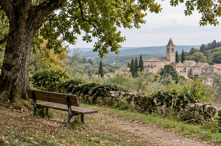 Un banc face à un village dans un paysage de campagne — illustration générée par IA