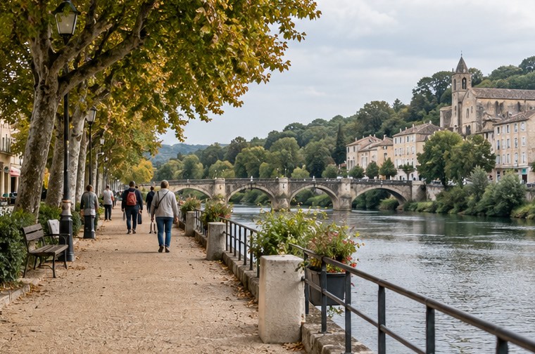 Une promenade arborée au bord d’une rivière — illustration générée par IA